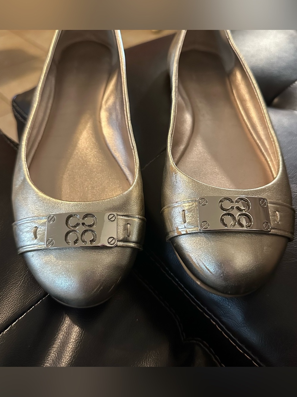 Coach Metallic Gold Ballet Flats with Signature Logo Plaque 7.5